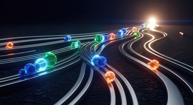Abstract glowing spheres moving along futuristic illuminated pathways, representing data flow and technology