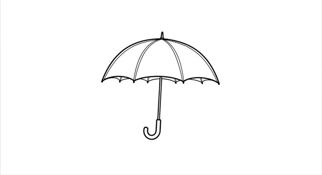 Simple black and white line drawing of an open umbrella on a white background