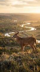 Obraz premium A brown buck with large antlers standing on a grassy hill overlooking a winding river valley, majestic wildlife scene, peaceful nature, river landscape.