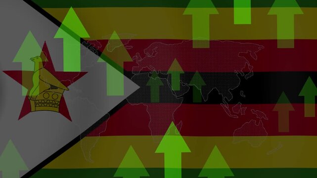 Zimbabwe flag is overlaid with green upward-pointing arrows, symbolizing economic growth and progress, set against a backdrop of a subtle world map and a modern and clean design.