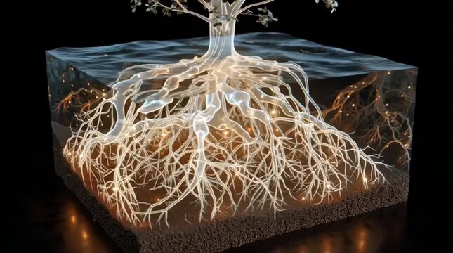 Digital render of a tree's intricate root system shown in a cross-section of soil and water, highlighting subterranean growth, nutrient absorption, and ecological vitality