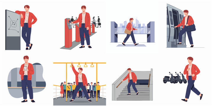 Flat Detailed Young Man Commuting Public Transportation Illustration Set