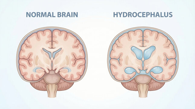 Hydrocephalus and Normal Brain Anatomy Cross Section Comparison Illustration