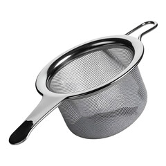 Stainless steel colander with a wooden handle and a measuring cup