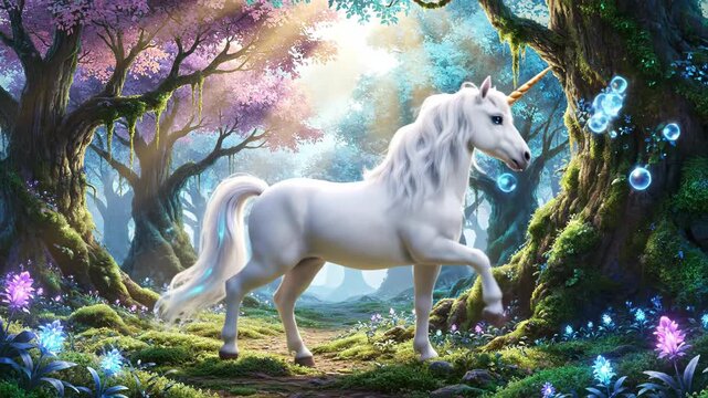 White unicorn in a magical forest.