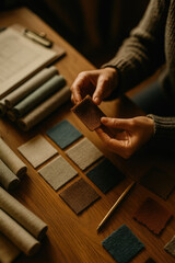 Hands holding fabric swatches on a wooden table with a clipboard and pen