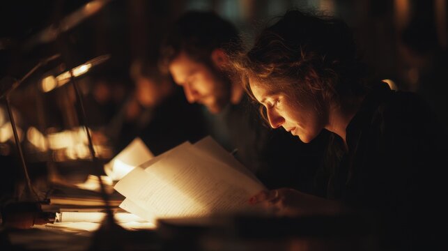 Proofreaders carefully checking pages under warm desk lamps on blurred background