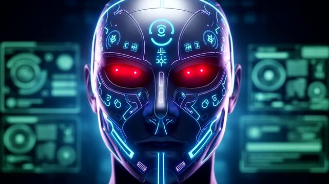 Futuristic robotic face with glowing red eyes and digital circuit patterns.