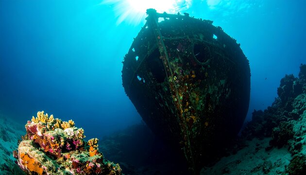 An underwater view reveals a sunken vessel, its bow pointing towards the surface. Sunlight penetrates, illuminating the blue water, corals, and the ship