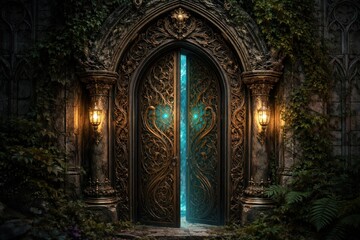 Fototapeta premium Mystical ornate door glowing enchantment.