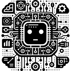 Obraz premium Cybernetic Intelligence: a robotic face at the heart of an intricate electronic circuit, illustrating artificial intelligence and technological innovation. 