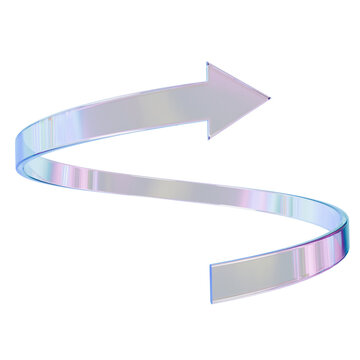 3d render iridescent holographic spiral arrow pointing back. Modern glass texture curved arrow icon for business direction, progress, or return. Minimalist aesthetic
