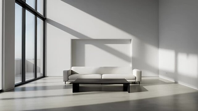 Sunlit Modern Minimalist Interior with White Sofa and Black Coffee Table