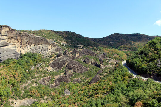 Meteora Sandstone Rock Forest View August 2024 mountain landscape with Doupiani and Pentalophos formations