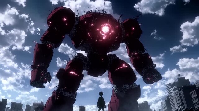 Giant Robot Overlooking Cityscape with Dramatic Sky