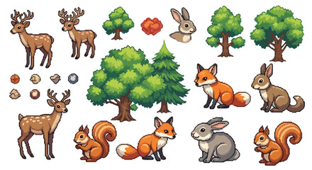 Fototapeta premium A collection of charming pixel-art forest creatures including deer, foxes, rabbits, and squirrels, alongside various trees and natural elements.