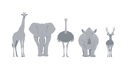 African safari wildlife collection of giraffe elephant ostrich rhinoceros and deer set, cad drawing flat vector illustration, isolated on white. © Mehedi