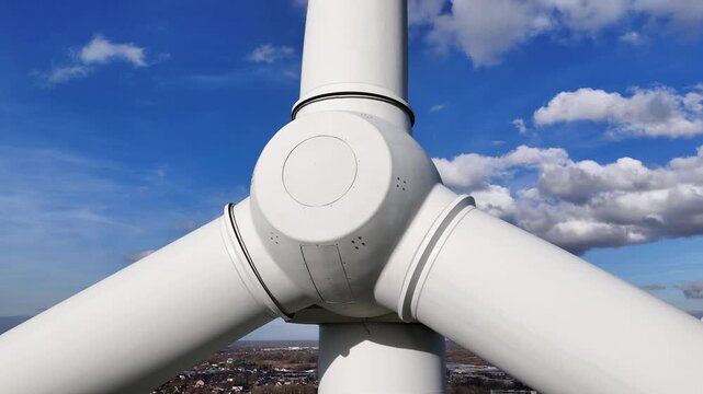 wind turbine central hub three massive blades appear symmetrically against vibrant sky engineering behind sustainable electricity generation view precision renewable energy 
