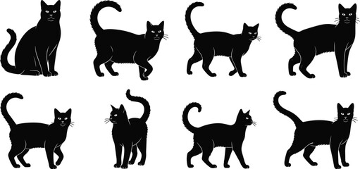 Black cat silhouette set cad drawing flat vector illustration featuring different poses of walking standing and sitting domestic cats isolated. © Mehedi