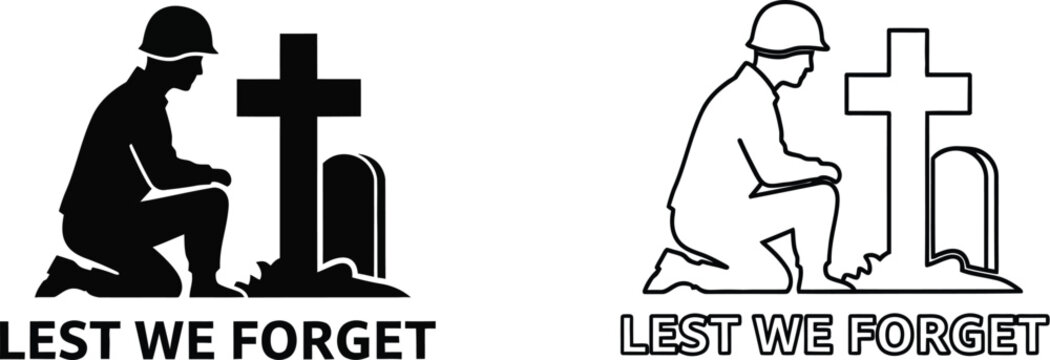 Lest we forget soldier kneeling cross memorial Vector