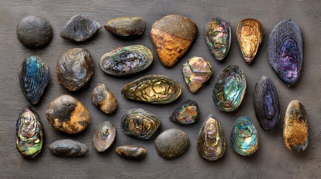 A collection of smooth iridescent mother of pearl abalone shells
