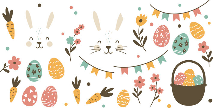 Cute Easter seamless vector pattern featuring cartoon eggs, spring flowers, butterflies, and bees for a nature inspired holiday wallpaper design