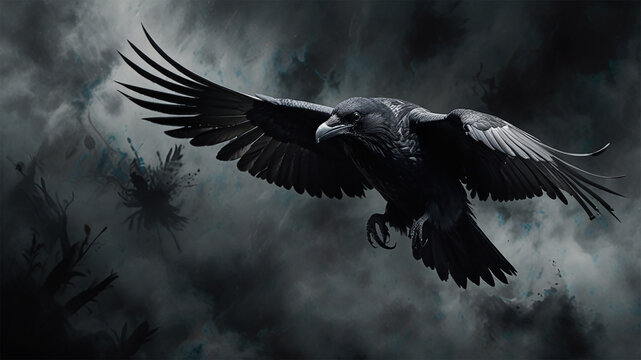 Mysterious Raven in Flight Against Smoky Dramatic Sky - Raven in flight against smokey sky