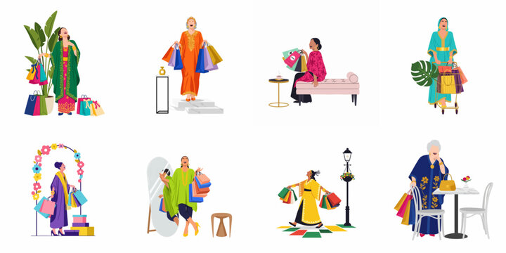 Collection of illustrations featuring stylish Middle Eastern women in traditional attire enjoying a luxury shopping experience with vibrant colorful shopping bags.