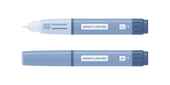 Medical weight loss injection pen for obesity and diabetes treatment. GIP, GLP-1, semaglutide and tirzepatide medication device concept. Flat vector illustration isolated on white background