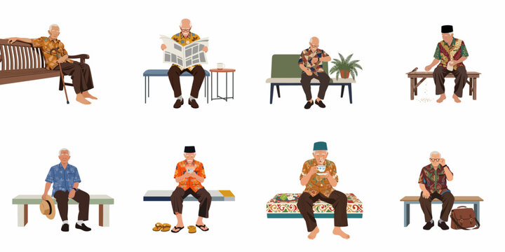 Flat illustration collection of elderly Southeast Asian men in various daily activities, wearing traditional batik shirts and sitting on benches.