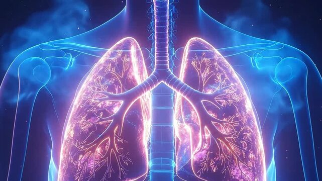 Digital illustration of the human respiratory system with glowing lungs and trachea in a blue body outline