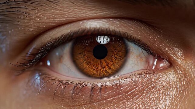 Extreme Close Up of a Human Eye with Brown Iris and Eyelashes.
