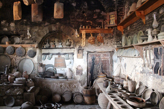Great Meteoron Monastery Kitchen August 2024 stone room with traditional cooking utensils