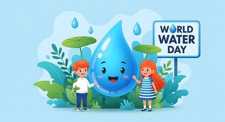 Naklejka premium World water day celebration with happy cartoon water droplet and kids