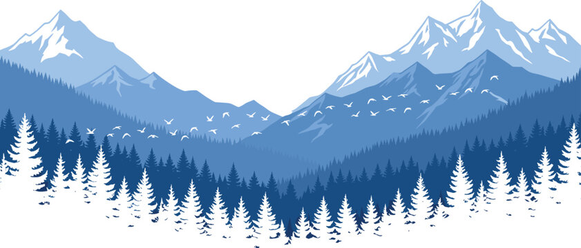 Blue mountain landscape with forest and birds isolated on white background, cad drawing flat vector illustration of outdoor nature scenery.