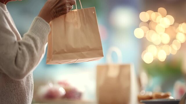 女性がレジで丁寧に袋を受け取る
