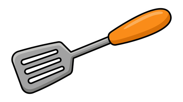 cartoon kitchen spatula with orange handle and slotted cooking surface