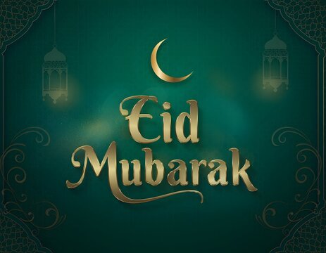 Elegant Eid Mubarak greeting with a crescent moon and lanterns, celebrating Islamic festivities and cultural traditions