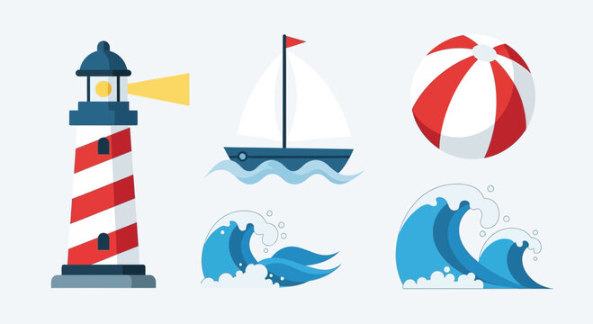 Vibrant beach scene with lighthouse, sailboat, and waves