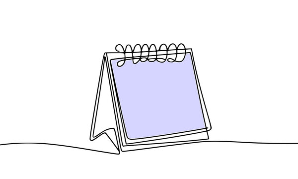  Minimalist Continuous One Line Drawing of a Spiral Desk Calendar with Blank Purple Page, Ideal for Planning, Organization, Schedule, and Business Stationery Concepts