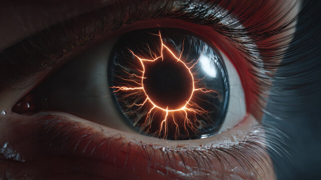 Electrified human eye close up with glowing orange lightning radiating from pupil, dramatic low light cinematic detail, reflective cornea and wet skin texture