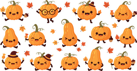 Fototapeta premium Cute Kawaii Pumpkin Vector Set with Leaves, Acorns, and Fun Expressions for Autumn, Fall, and Halloween Themes