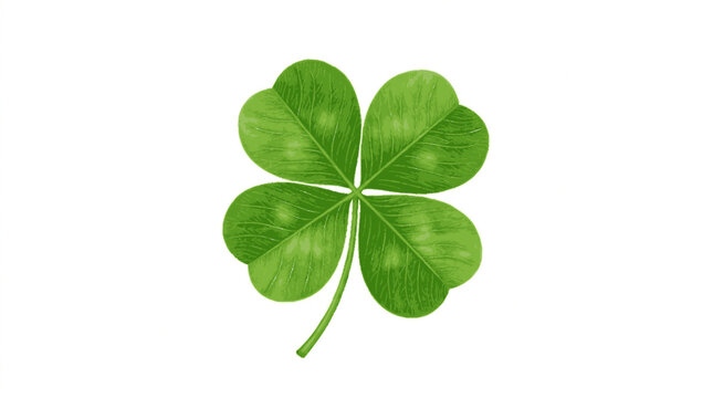 Lush vibrant green four leaf clover floating on white background with bright lighting
