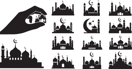 Naklejka premium Mosque Silhouette Icons for Ramadan and Islamic Design