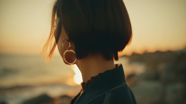 女性が夕暮れの浜辺で静かに佇む