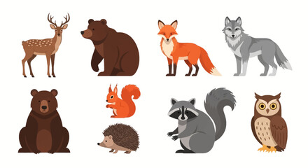 Fototapeta premium Collection of flat vector illustrations of forest animals including deer, bear, fox, wolf, grizzly, squirrel, hedgehog, raccoon and owl on white background.