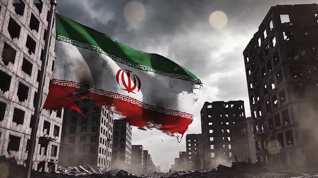 Tattered Iranian flag waves amidst the ruins of bombed-out buildings under a dark, stormy sky, evoking a somber and desolate mood against a destroyed cityscape