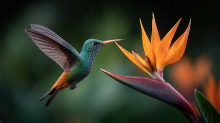 Obraz premium Vivid close up of green hummingbird hovering beside orange bird of paradise flower, detailed feathers and motion captured with soft green bokeh and warm floral tones