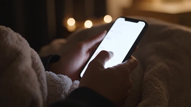 Close-up of hands holding a glowing smartphone screen while relaxing comfortably under warm blankets, with soft bokeh lights in the background creating a cozy atmosphere