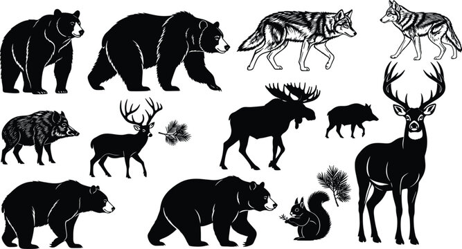 Forest wildlife silhouette collection of bear wolf deer moose boar and squirrel set, cad drawing flat vector illustration, isolated on white.